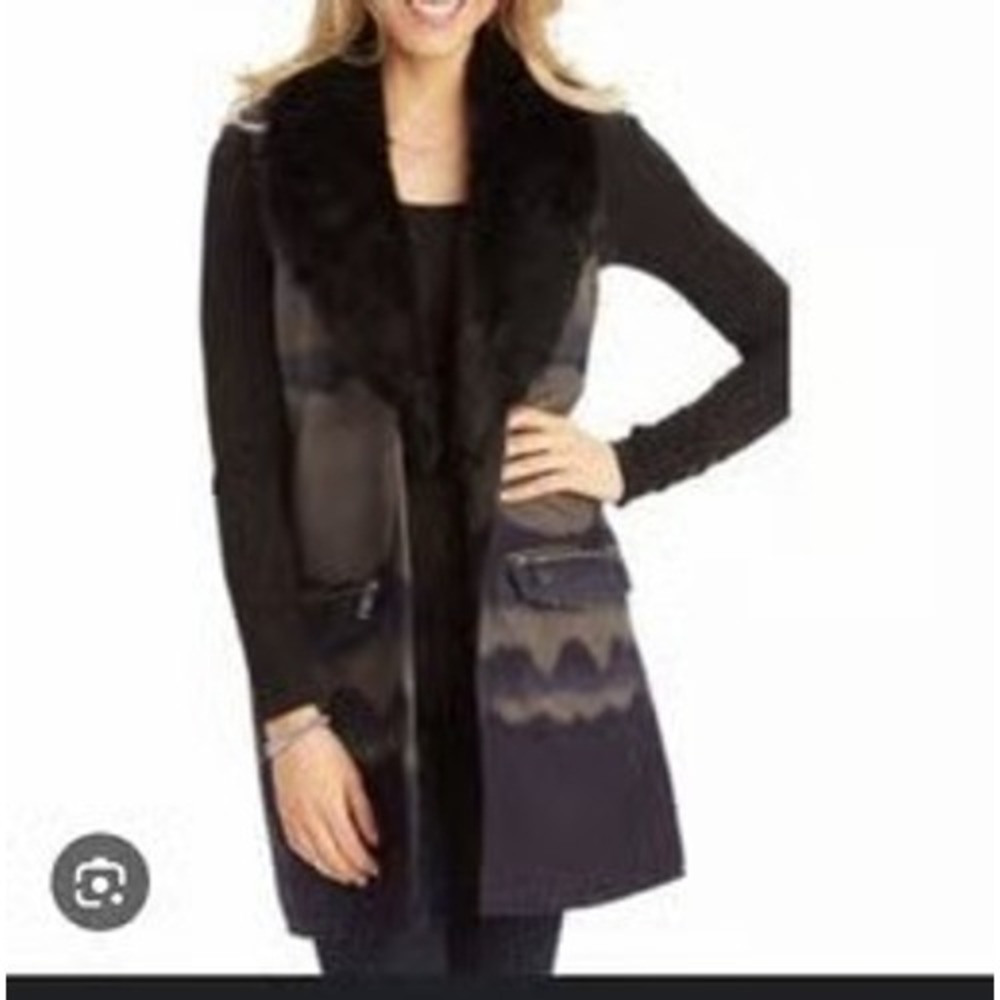 Democracy Faux Fur Collar Longline Vest Gray Navy Ombre B0047N5E Womens Medium